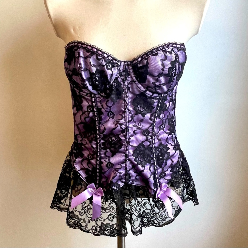 Vintage Fredericks of Hollywood Bustier Corset Purple Black Lace Bows 38 Medium